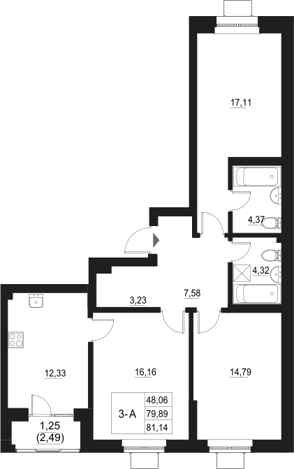 Планировка — Q на Кулагина, 3-комн., 81 м²