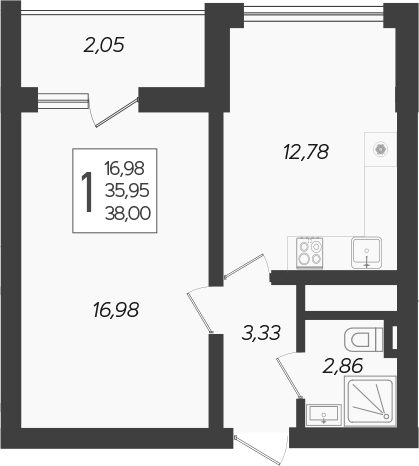Планировка — Кислород, 1-комн., 36 м²
