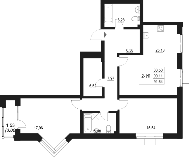 Планировка — Q на Кулагина, 3-комн., 90 м²