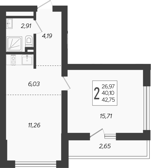 Планировка — Кислород, 2-комн., 40 м²
