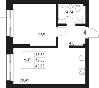 Планировка — Q на Кулагина, 2-комн., 43 м²