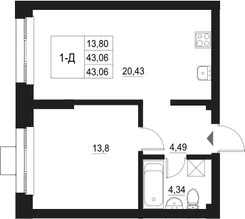 Планировка — Q на Кулагина, 2-комн., 43 м²