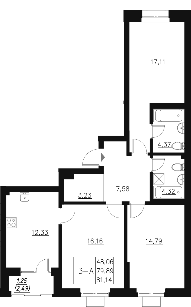 Планировка — Q на Кулагина, 3-комн., 81 м²