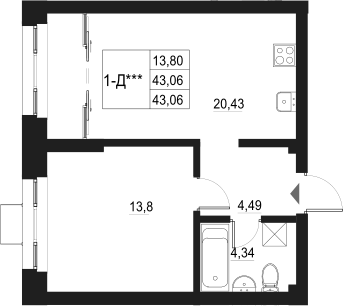 Планировка — Q на Кулагина, 2-комн., 43 м²