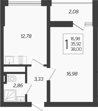 Планировка — Кислород, 1-комн., 36 м²