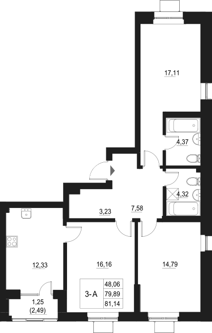 Планировка — Q на Кулагина, 3-комн., 81 м²