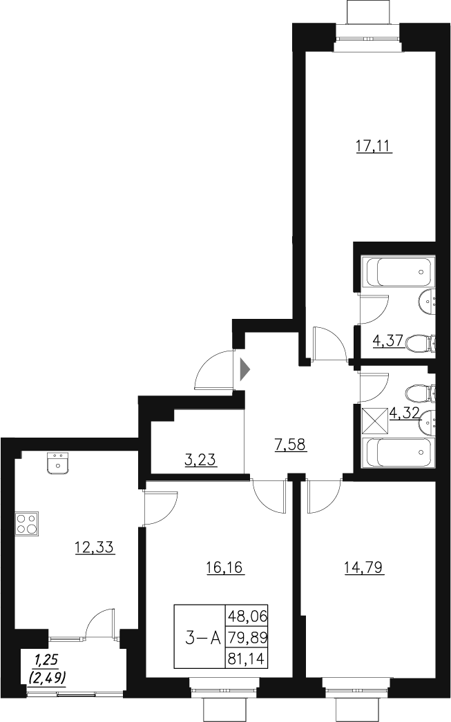 Планировка — Q на Кулагина, 3-комн., 81 м²