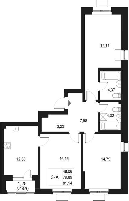 Планировка — Q на Кулагина, 3-комн., 80 м²