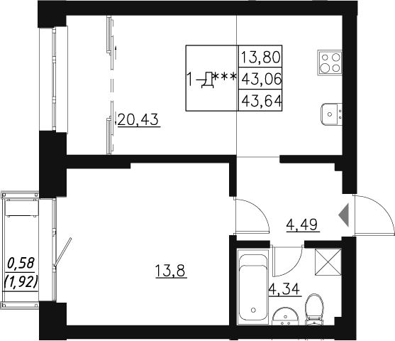 Планировка — Q на Кулагина, 2-комн., 43 м²