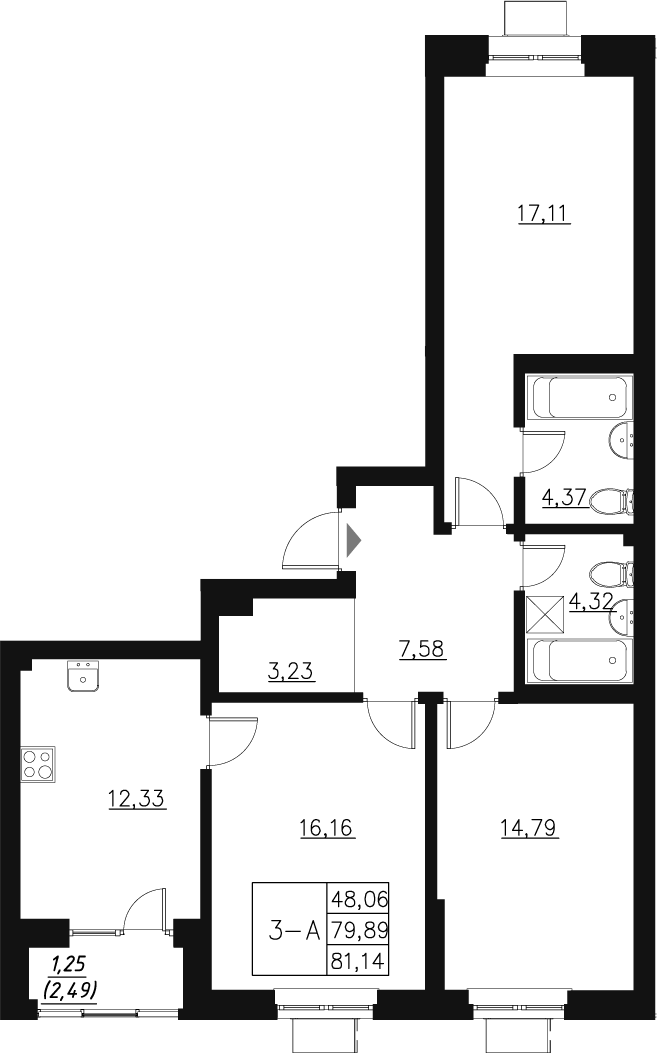 Планировка — Q на Кулагина, 3-комн., 81 м²