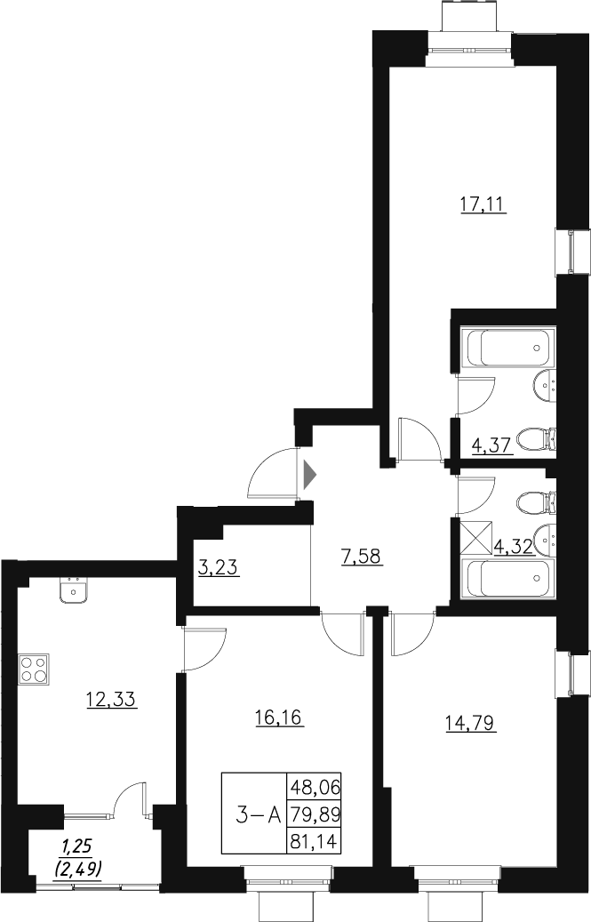 Планировка — Q на Кулагина, 3-комн., 81 м²