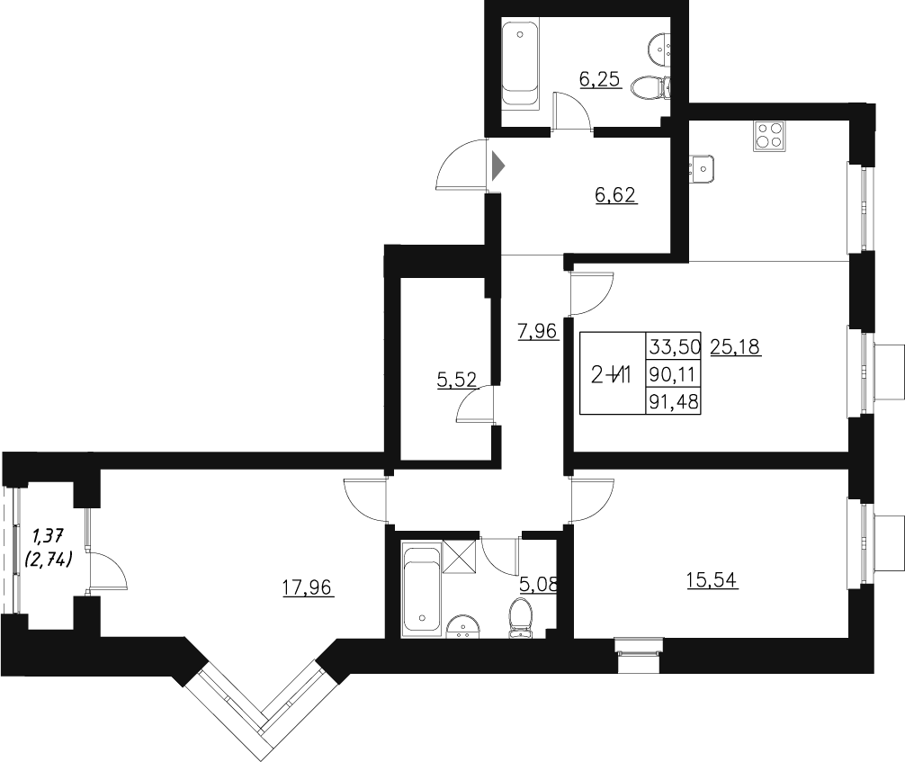 Планировка — Q на Кулагина, 3-комн., 92 м²