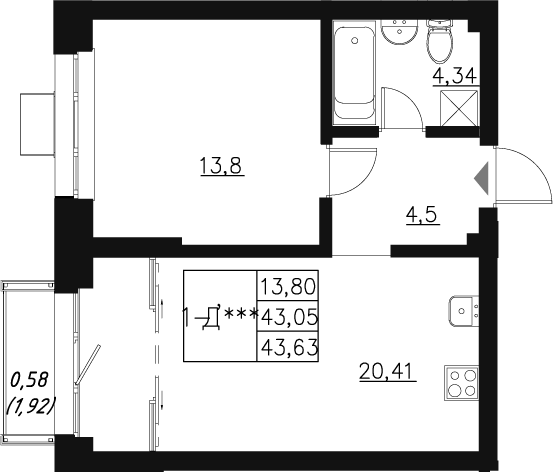 Планировка — Q на Кулагина, 2-комн., 43 м²