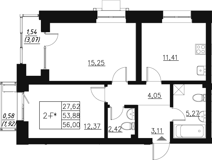 Планировка — Q на Кулагина, 2-комн., 55 м²