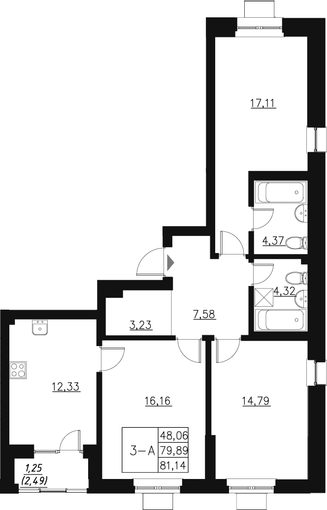 Планировка — Q на Кулагина, 3-комн., 81 м²