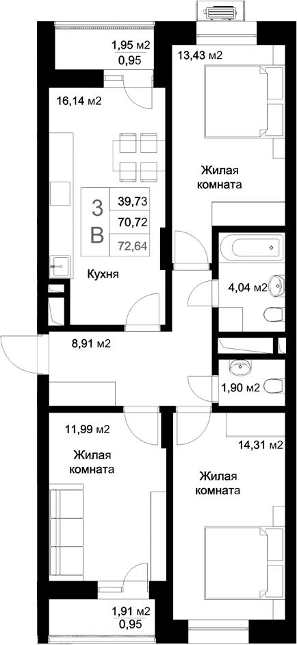 Планировка — Стрела, 3-комн., 71 м²