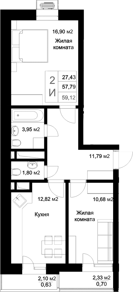 Планировка — Стрела, 2-комн., 58 м²