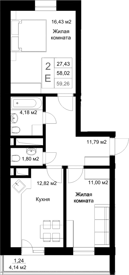 Планировка — Стрела, 2-комн., 58 м²