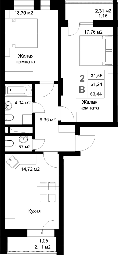 Планировка — Стрела, 2-комн., 61 м²