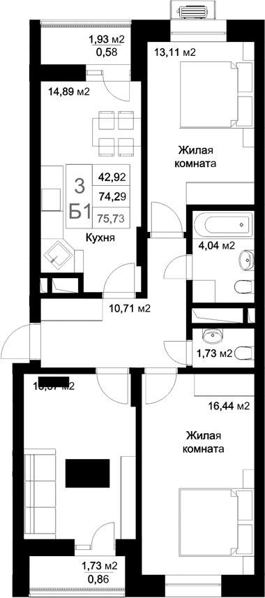Планировка — Стрела, 3-комн., 74 м²