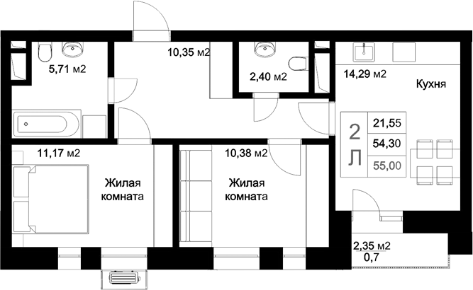 Планировка — Стрела, 2-комн., 54 м²