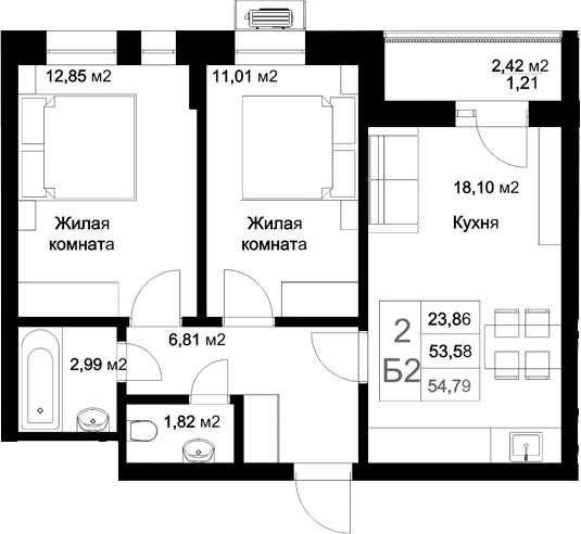 Планировка — Стрела, 3-комн., 54 м²