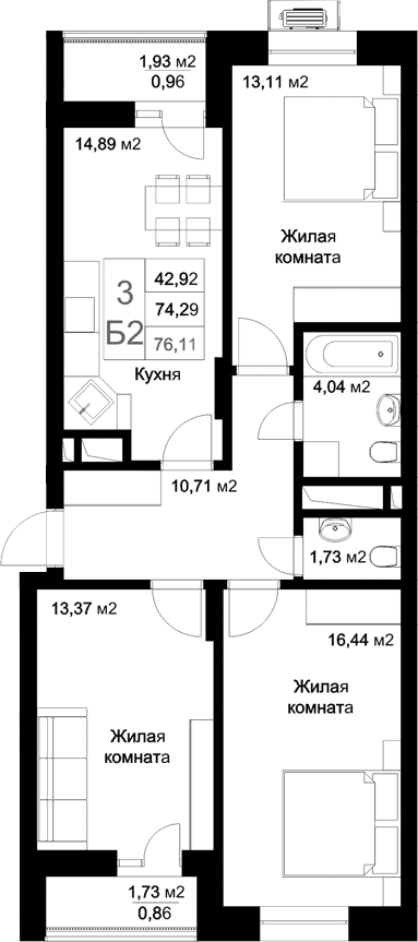 Планировка — Стрела, 3-комн., 74 м²