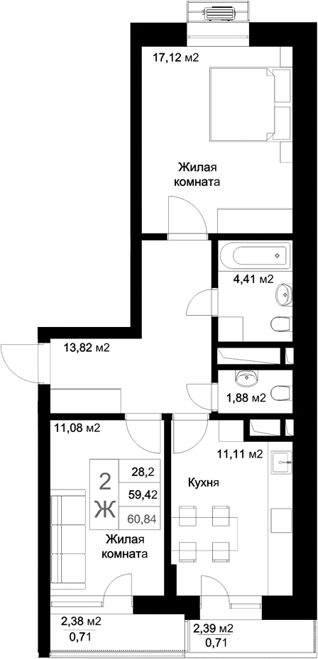 Планировка — Стрела, 2-комн., 59 м²