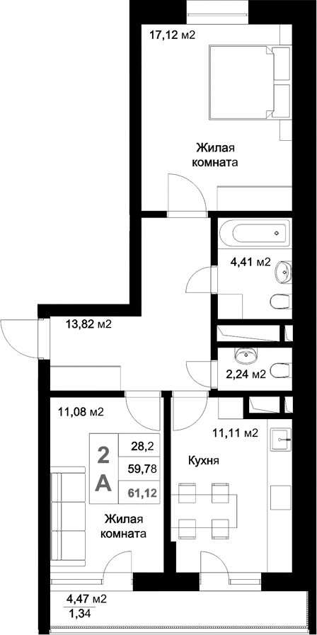 Планировка — Стрела, 2-комн., 60 м²