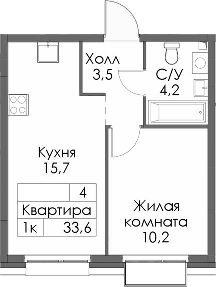 Планировка — Сиберово, 1-комн., 34 м²