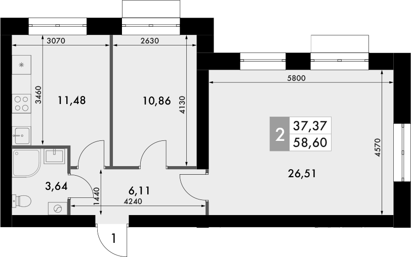 Планировка — Форест, 2-комн., 59 м²