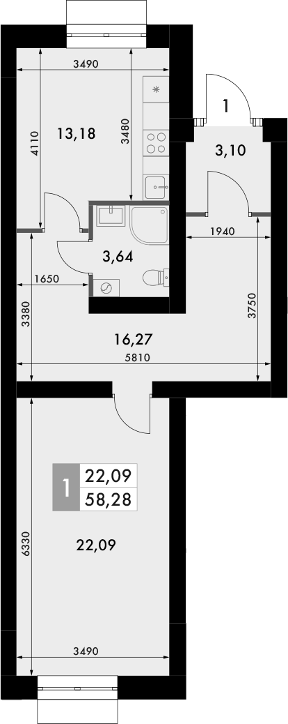 Планировка — Форест, 1-комн., 57 м²