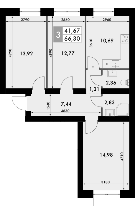 Планировка — Форест, 3-комн., 66 м²
