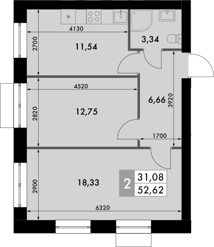 Планировка — Форест, 2-комн., 53 м²