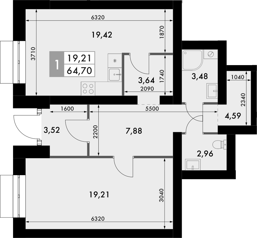 Планировка — Форест, 1-комн., 65 м²