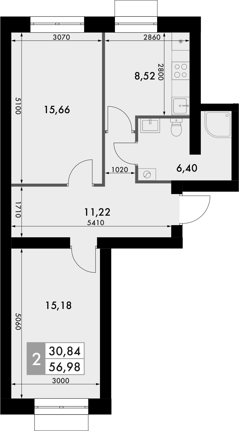 Планировка — Форест, 2-комн., 57 м²