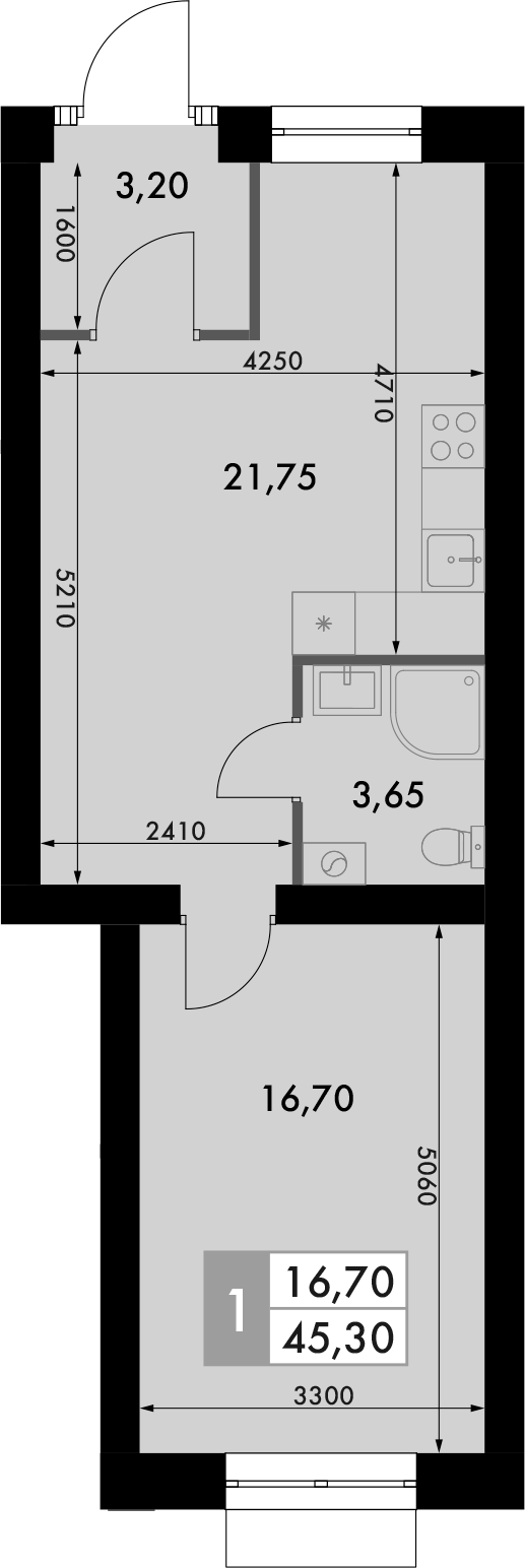 Планировка — Форест, 1-комн., 45 м²