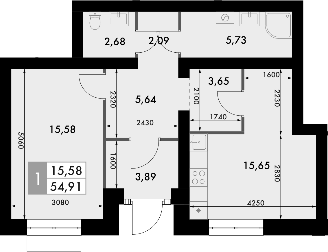 Планировка — Форест, 1-комн., 55 м²