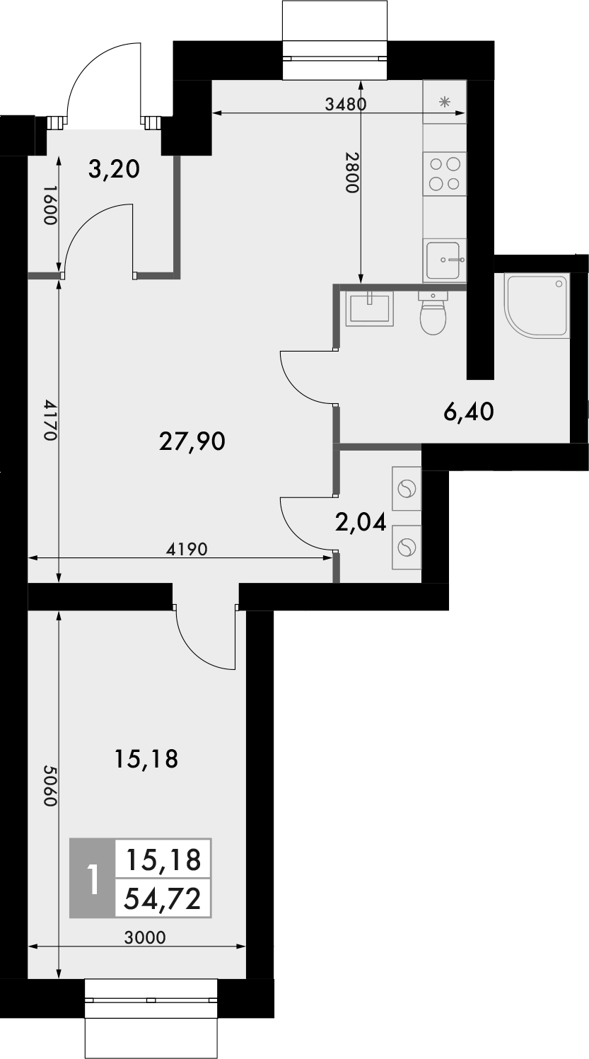 Планировка — Форест, 1-комн., 55 м²