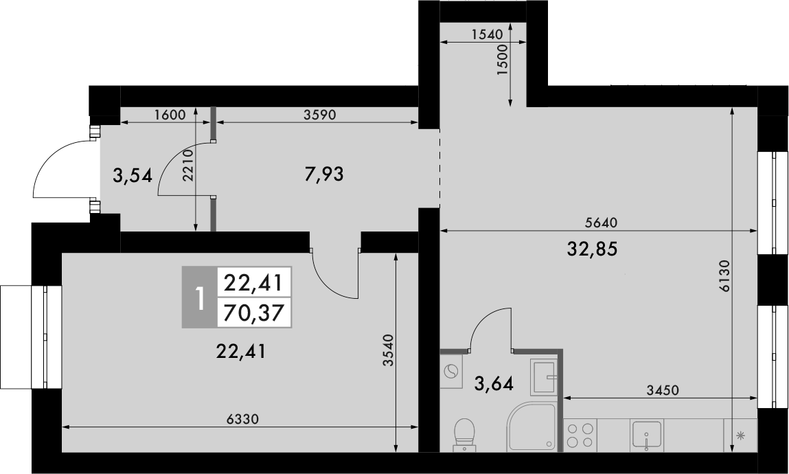 Планировка — Форест, 1-комн., 70 м²