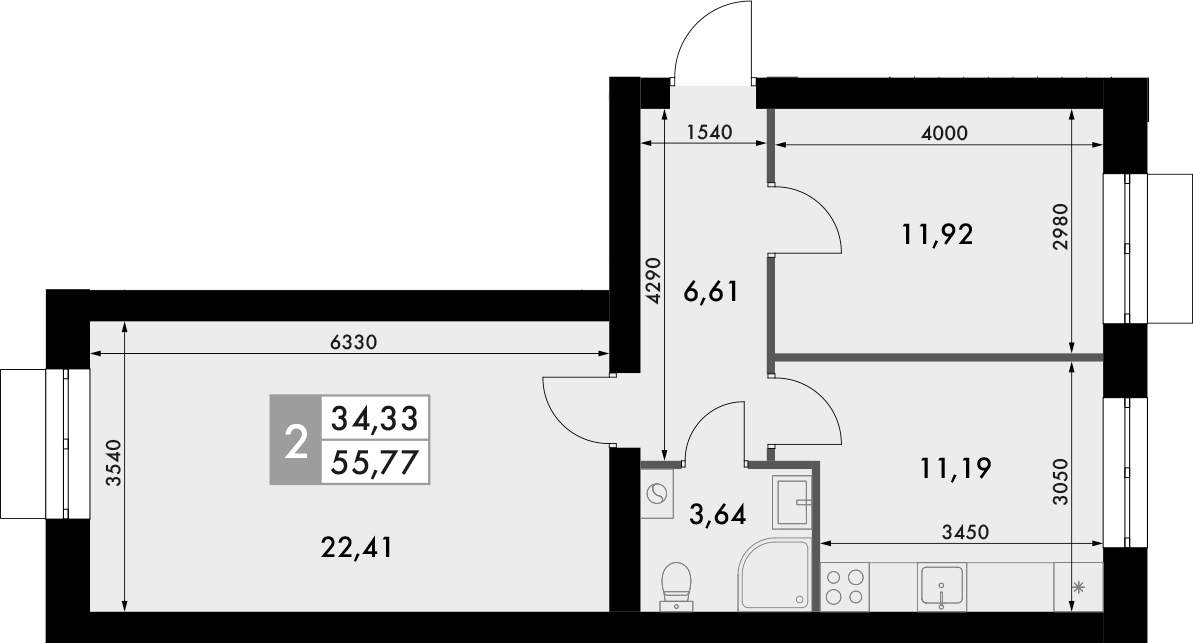 Планировка — Форест, 2-комн., 56 м²