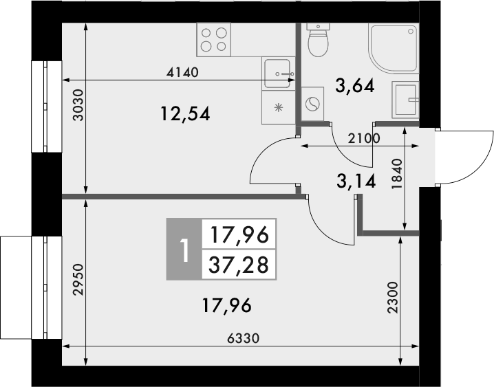 Планировка — Форест, 1-комн., 37 м²