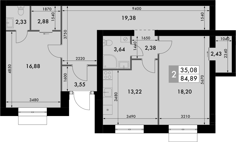 Планировка — Форест, 2-комн., 85 м²