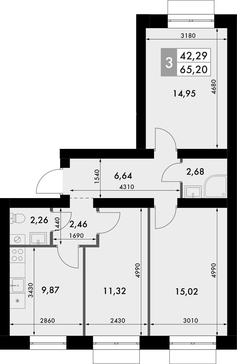 Планировка — Форест, 3-комн., 65 м²