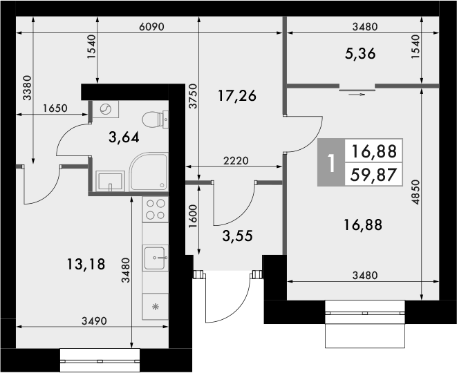 Планировка — Форест, 1-комн., 59 м²