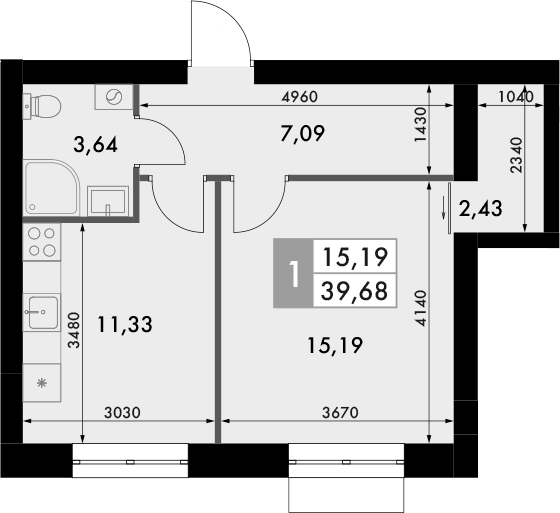 Планировка — Форест, 1-комн., 40 м²