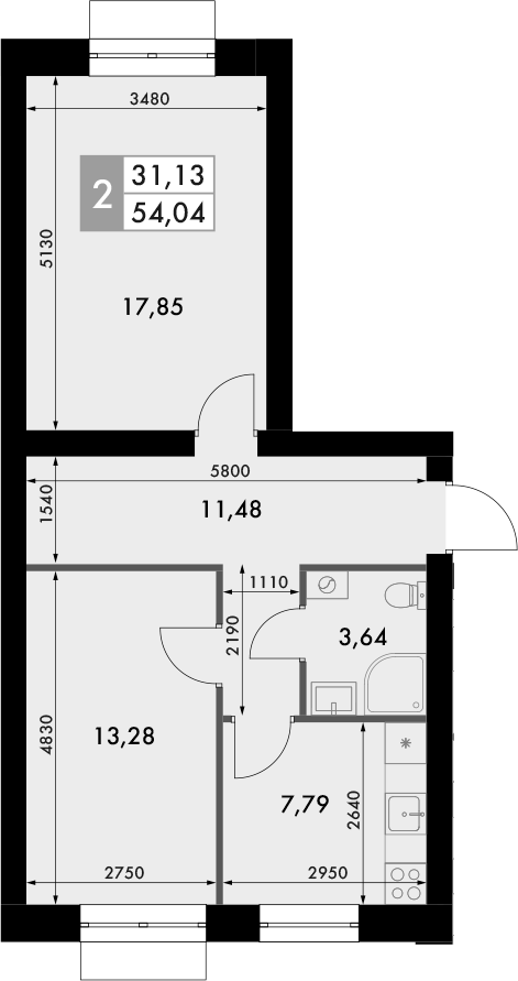 Планировка — Форест, 2-комн., 54 м²