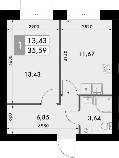 Планировка — Форест, 1-комн., 36 м²