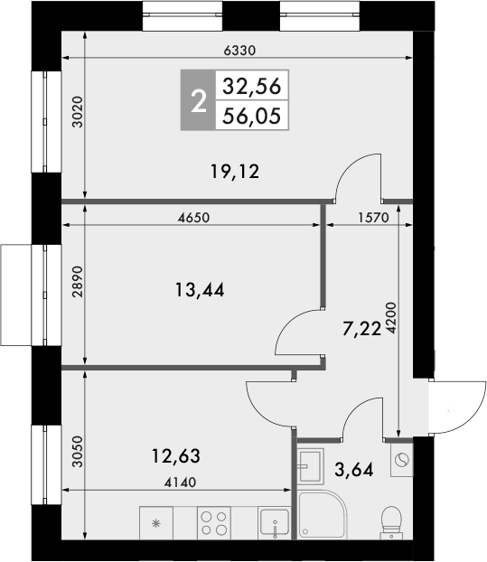 Планировка — Форест, 2-комн., 56 м²