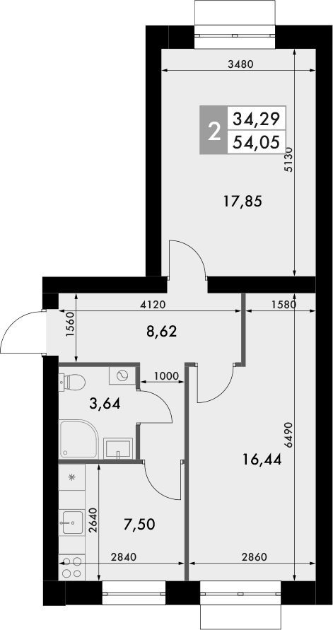 Планировка — Форест, 2-комн., 54 м²